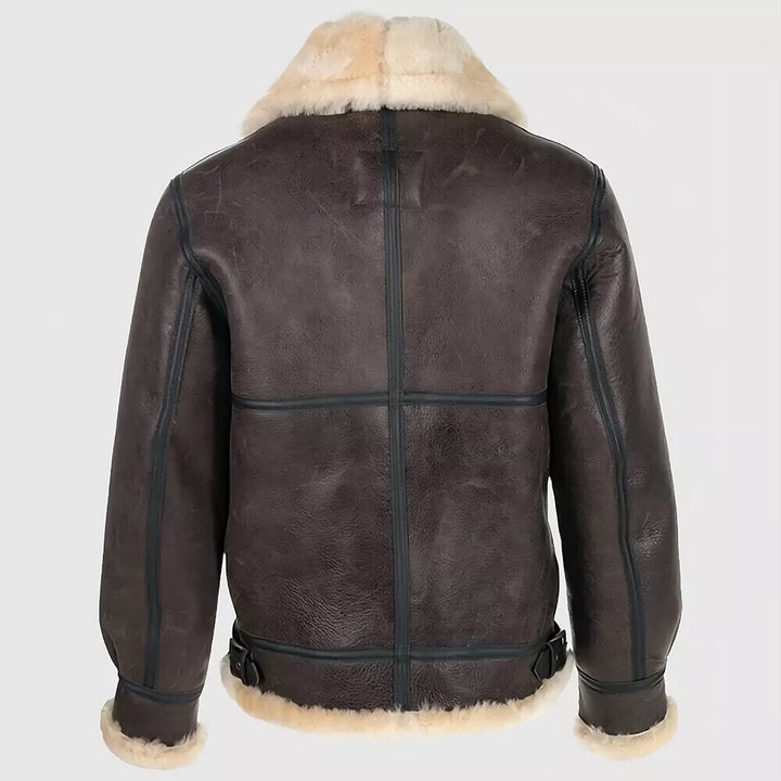 Lush Gear B3 bomber shearling jacket men in dark brown leather with cream shearling collar and cuffs