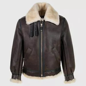Lush Gear B3 bomber shearling jacket men in dark brown leather with cream fur collar and cuffs