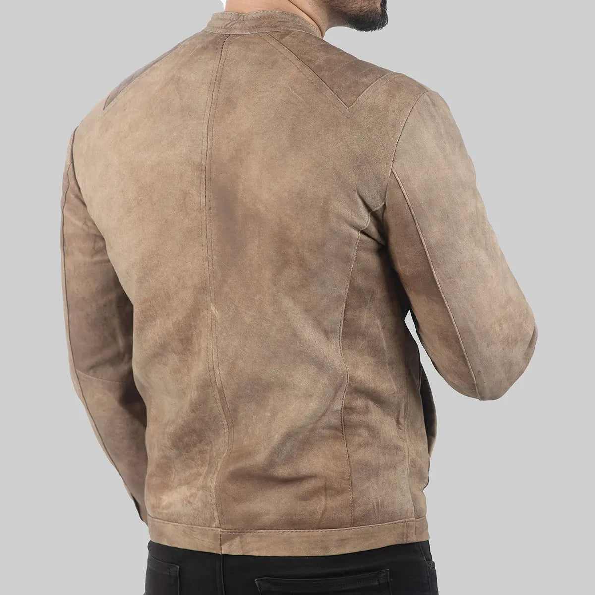 Beige motorcycle jacket for men from Lush Gear shown from back with detailed stitching