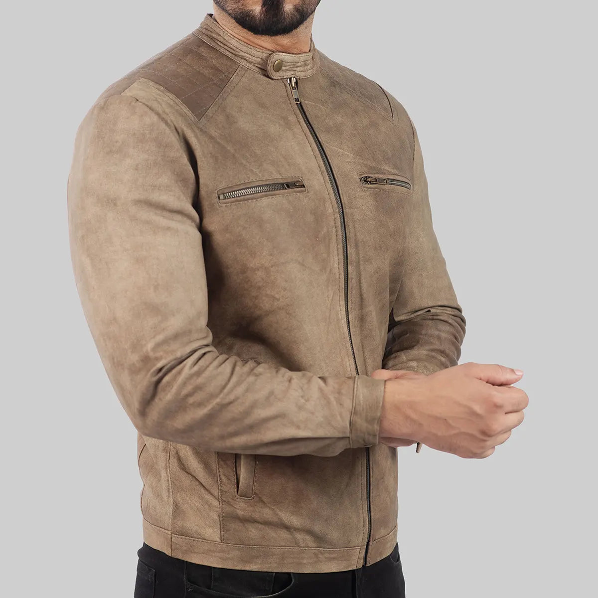 Beige motorcycle jacket for men by Lush Gear with front zip and zippered chest pockets