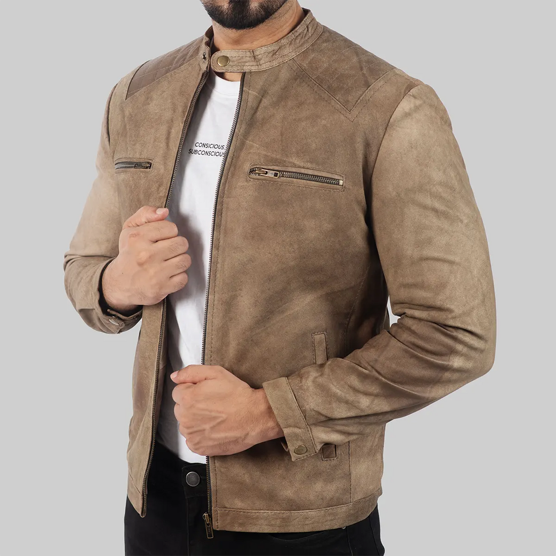 Beige motorcycle jacket for men made of soft suede material with zippered chest pockets and buttoned collar