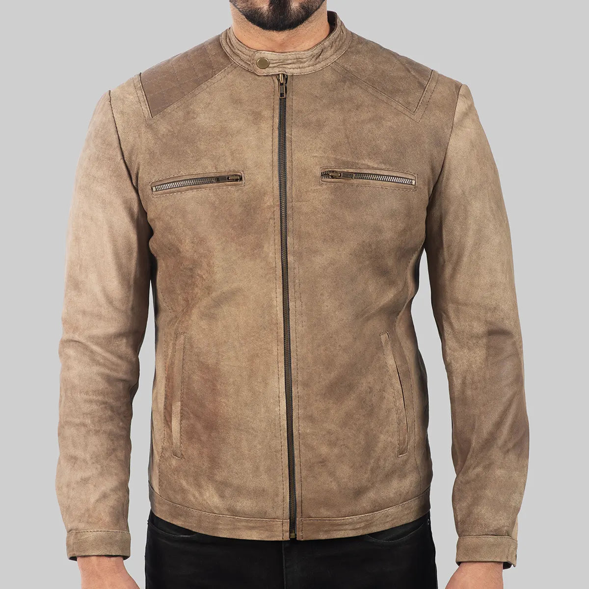 Beige motorcycle jacket for men by Lush Gear with zippered pockets and stand collar design