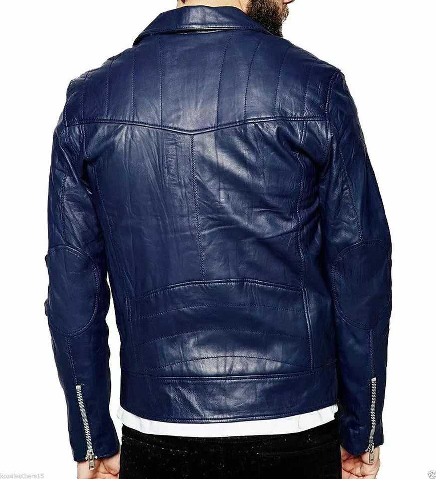 Back view of best leather biker jacket for men in navy blue by Lush Gear with stitched detailing and zipper cuffs