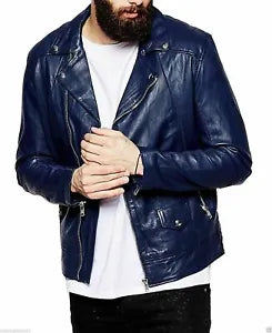 Best leather biker jacket for men in navy blue with zipper and button details by Lush Gear