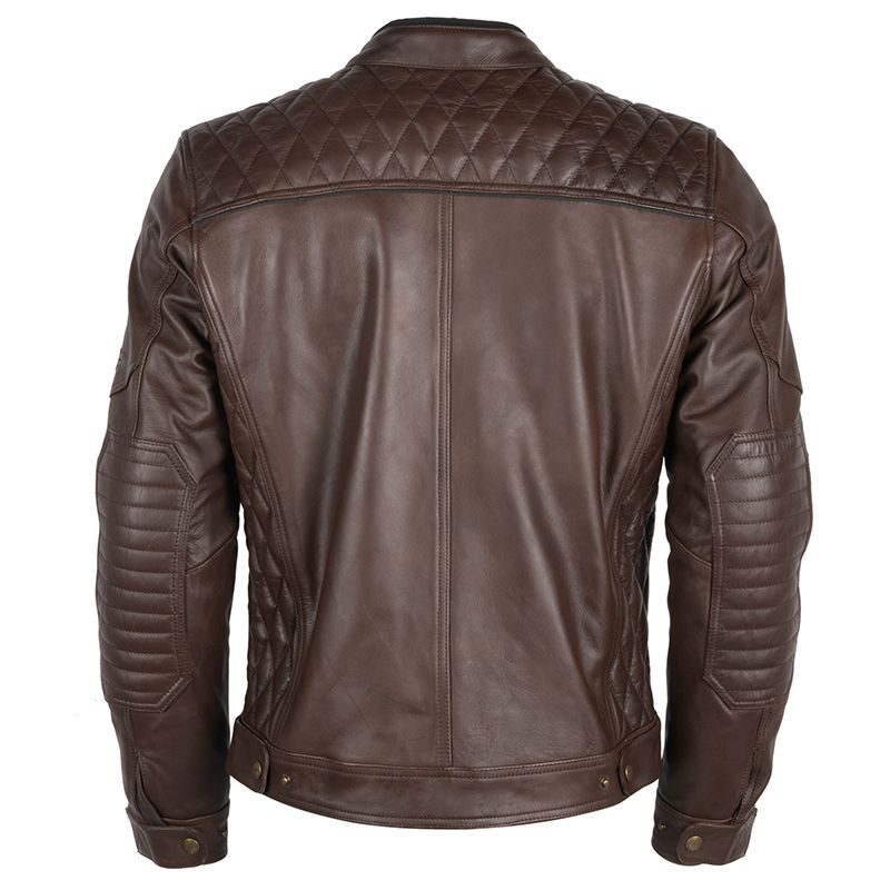 Back view of best leather jacket for motorcyclists in brown with quilted shoulder and arm padding by Lush Gear