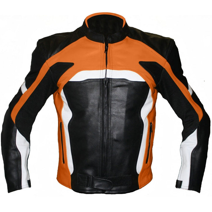 Lush Gear black and orange racing jacket with white accents front view and zippered pockets