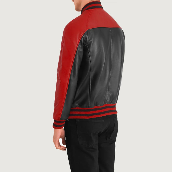 Lush Wear black and red leather varsity jacket shown from the back with striped cuffs and collar