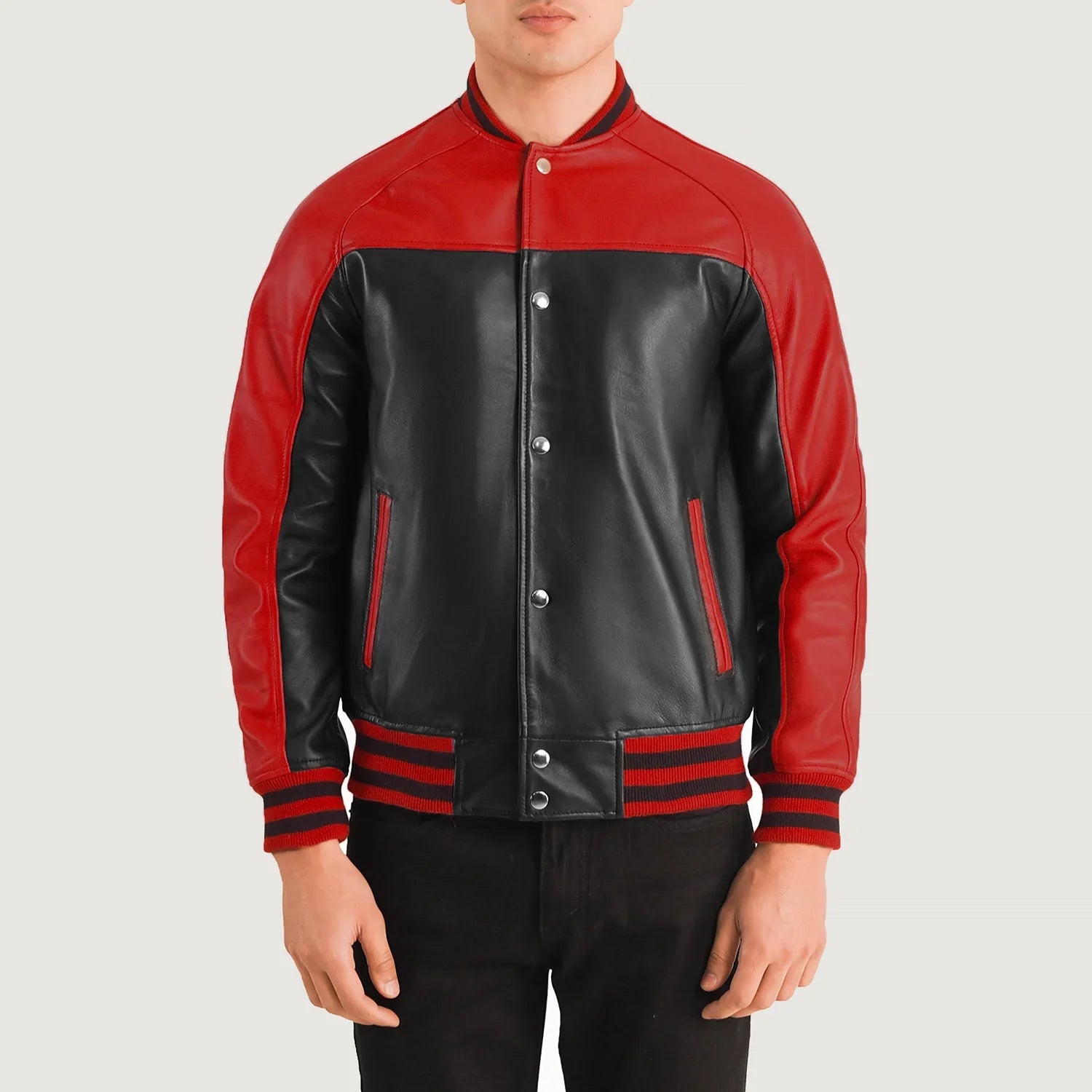 Black and red leather varsity jacket with snap button closure and striped ribbed cuffs by Lush Wear