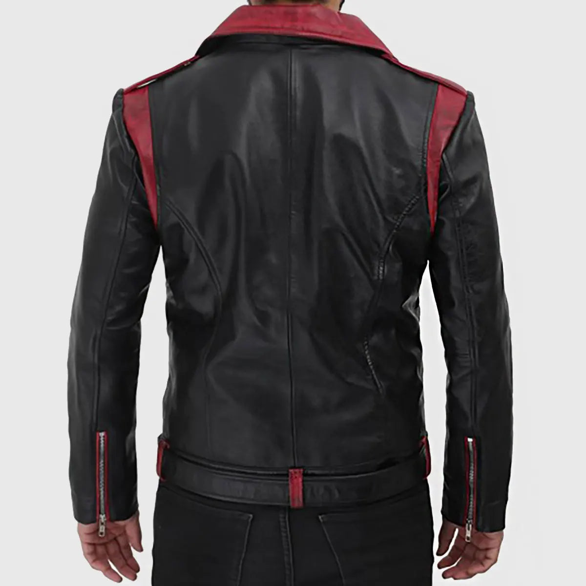 Back view of black and red men's moto jacket by Lush Gear with zippered sleeves and red accents
