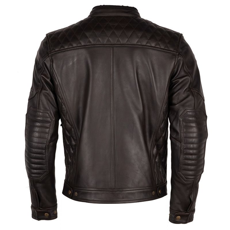 Back view of Lush Gear black biker jacket for men with quilted shoulder and padded sleeve design