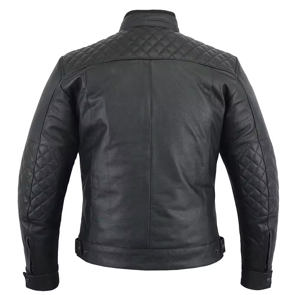 Back view of black biker jacket for men with quilted detailing on shoulders and sleeves