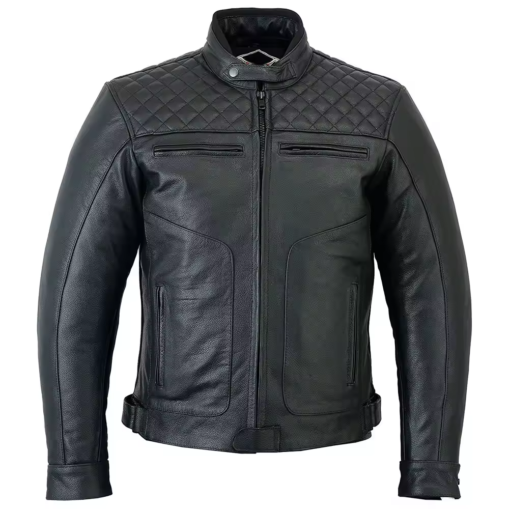 Lush Gear black biker jacket for men with quilted shoulders and zippered pockets