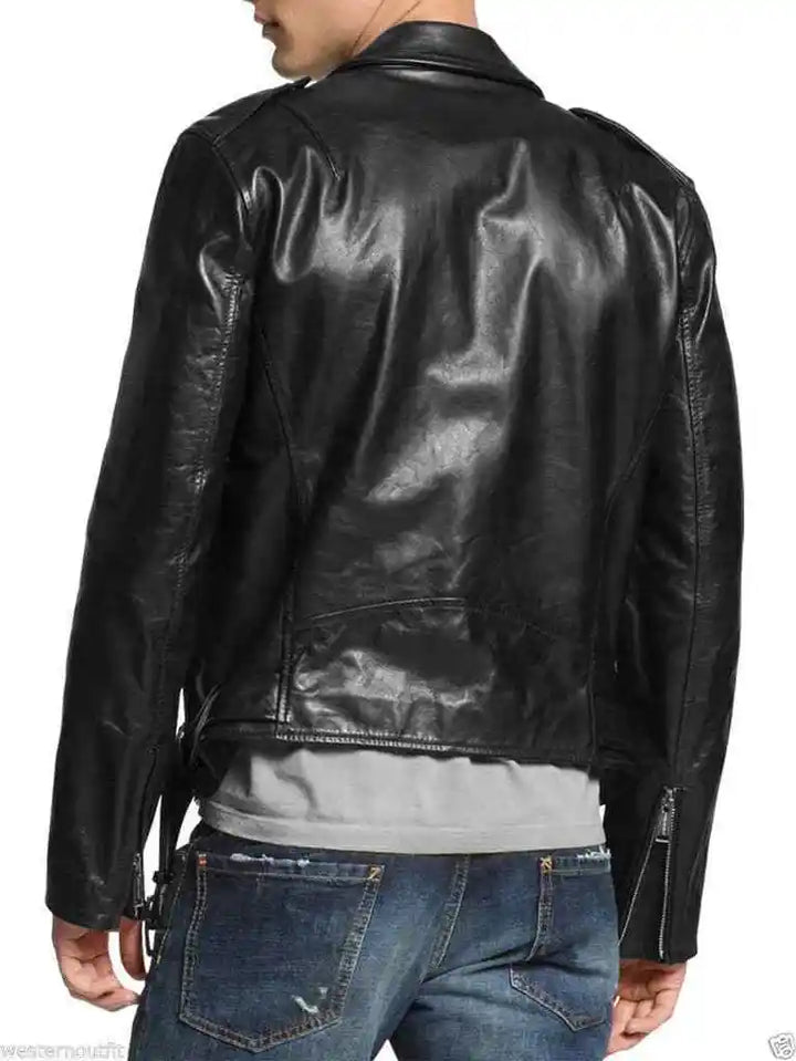 Lush Gear black biker jacket men's styled with zippers worn by man in blue jeans from back view
