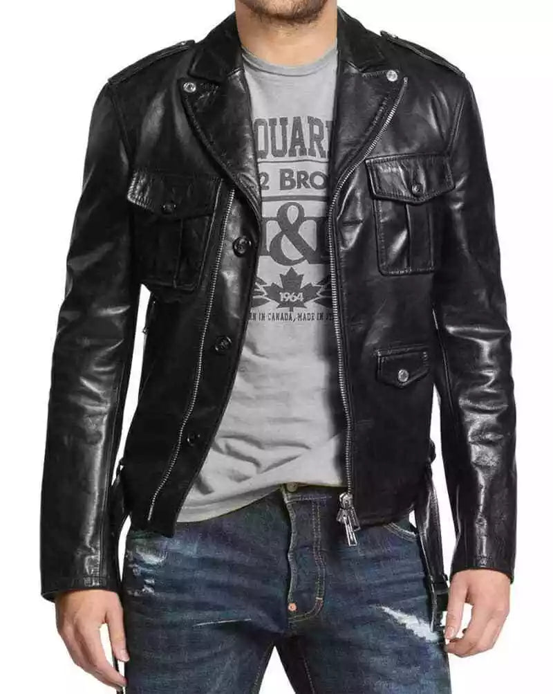 Lush Gear black biker jacket men's leather jacket with front pockets and zip detailing