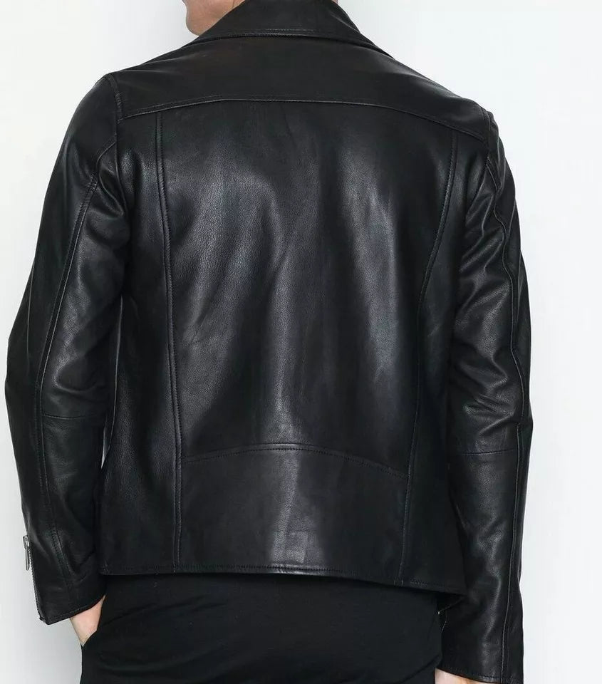 Back view of Black-Faux Leather Slim-Fit Biker Jacket In Nappa Jacket-For Men by Lush Gear