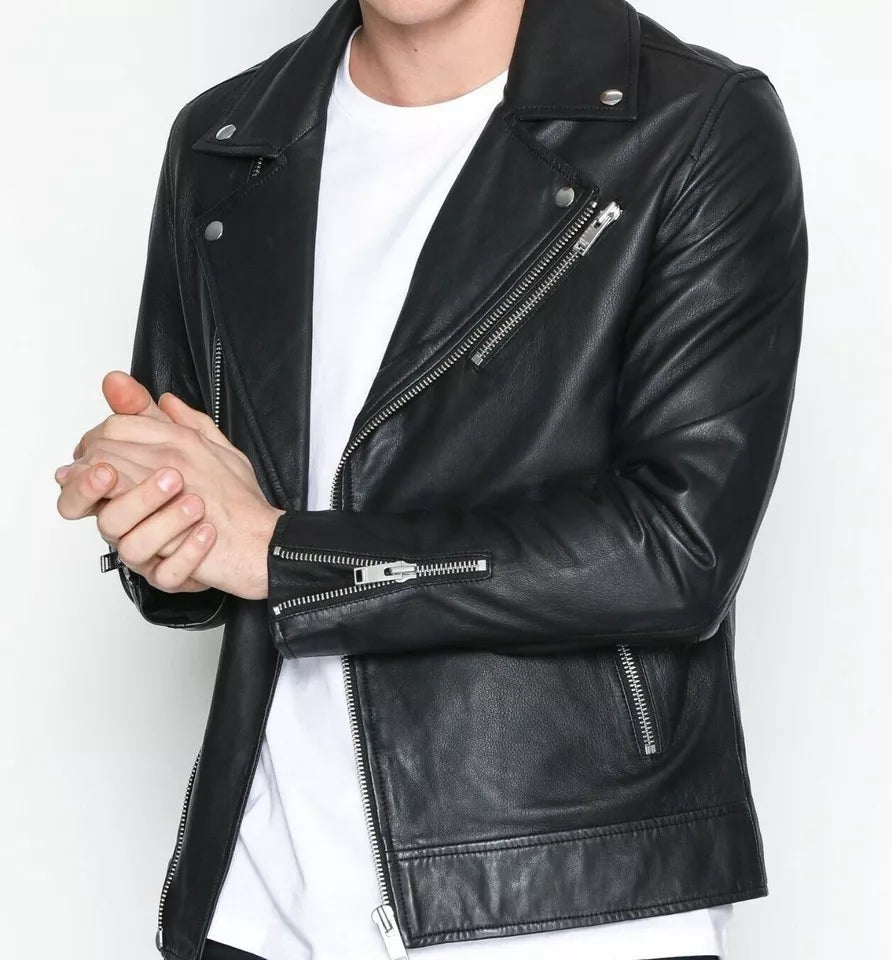 Black-Faux Leather Slim-Fit Biker Jacket In Nappa Jacket-For Men with zipped pockets and collar by Lush Gear