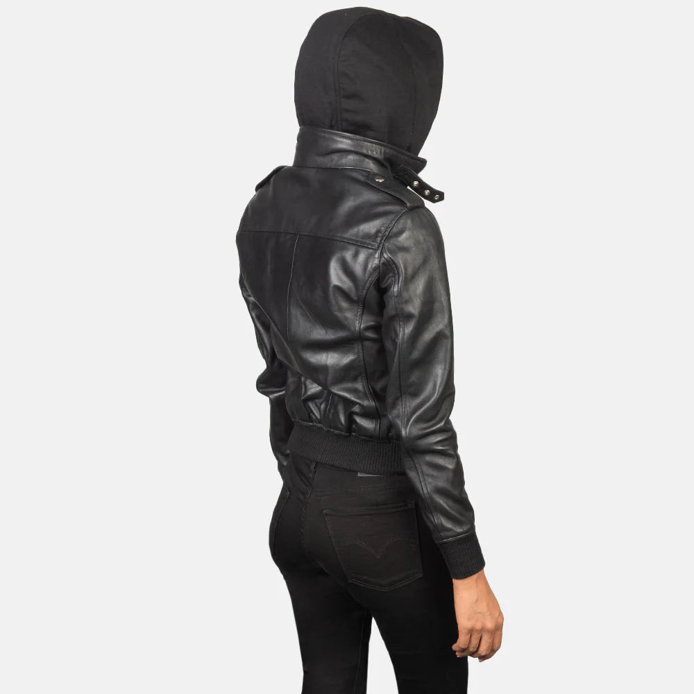 Back view of black hooded leather bomber jacket by Lush Gear worn with black pants
