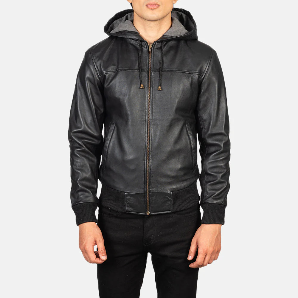 Lush Wear black hooded leather bomber jacket with zipper front and ribbed cuffs