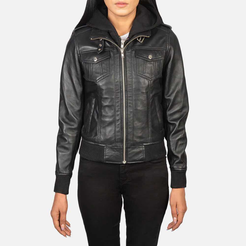 Lush Gear black hooded leather bomber jacket with front zipper and ribbed cuffs on female model