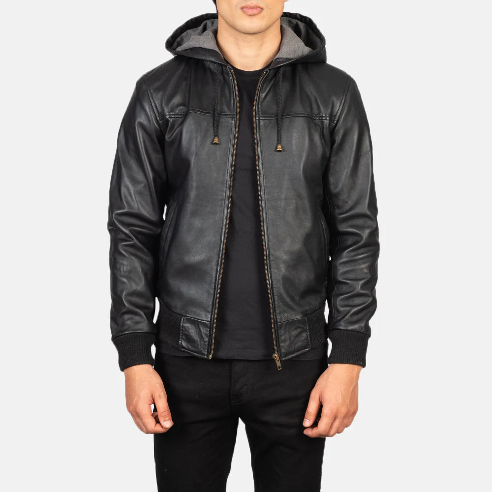 Lush Wear black hooded leather bomber jacket with zipper front and ribbed cuffs worn by male model