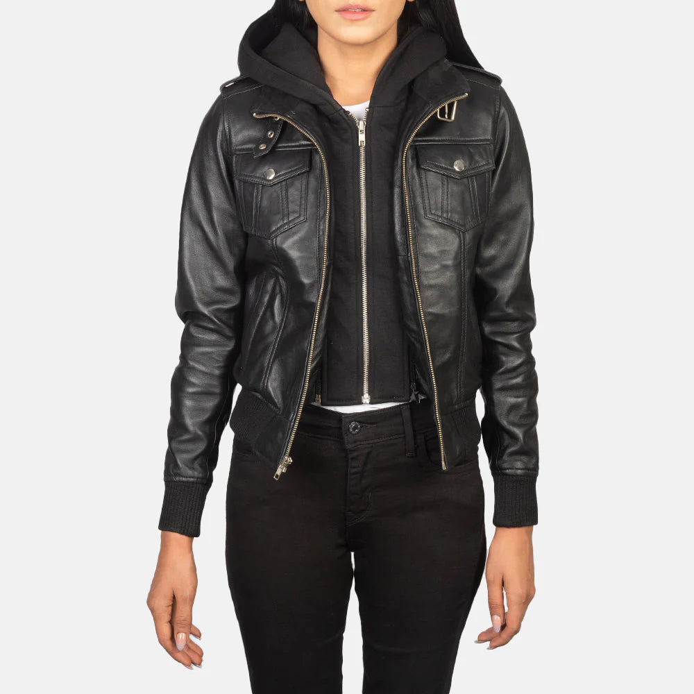 Lush Gear black hooded leather bomber jacket with zip closure and ribbed cuffs on model