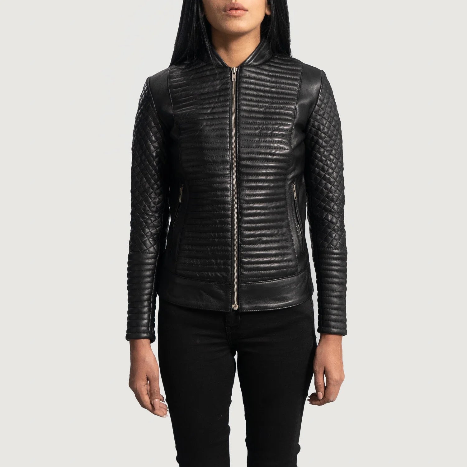 Lush Gear black leather biker jacket with quilted sleeves and zippered front on female model