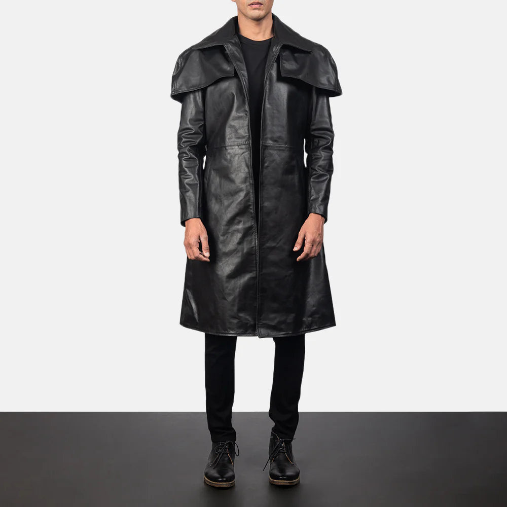 Men's black leather duster coat from Lush Gear with long sleeves and wide collar