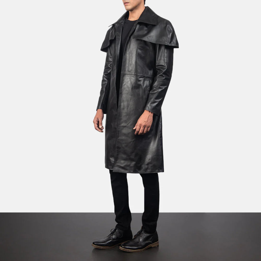 Black leather duster coat from Lush Gear worn by male model with wide collar and long sleeves