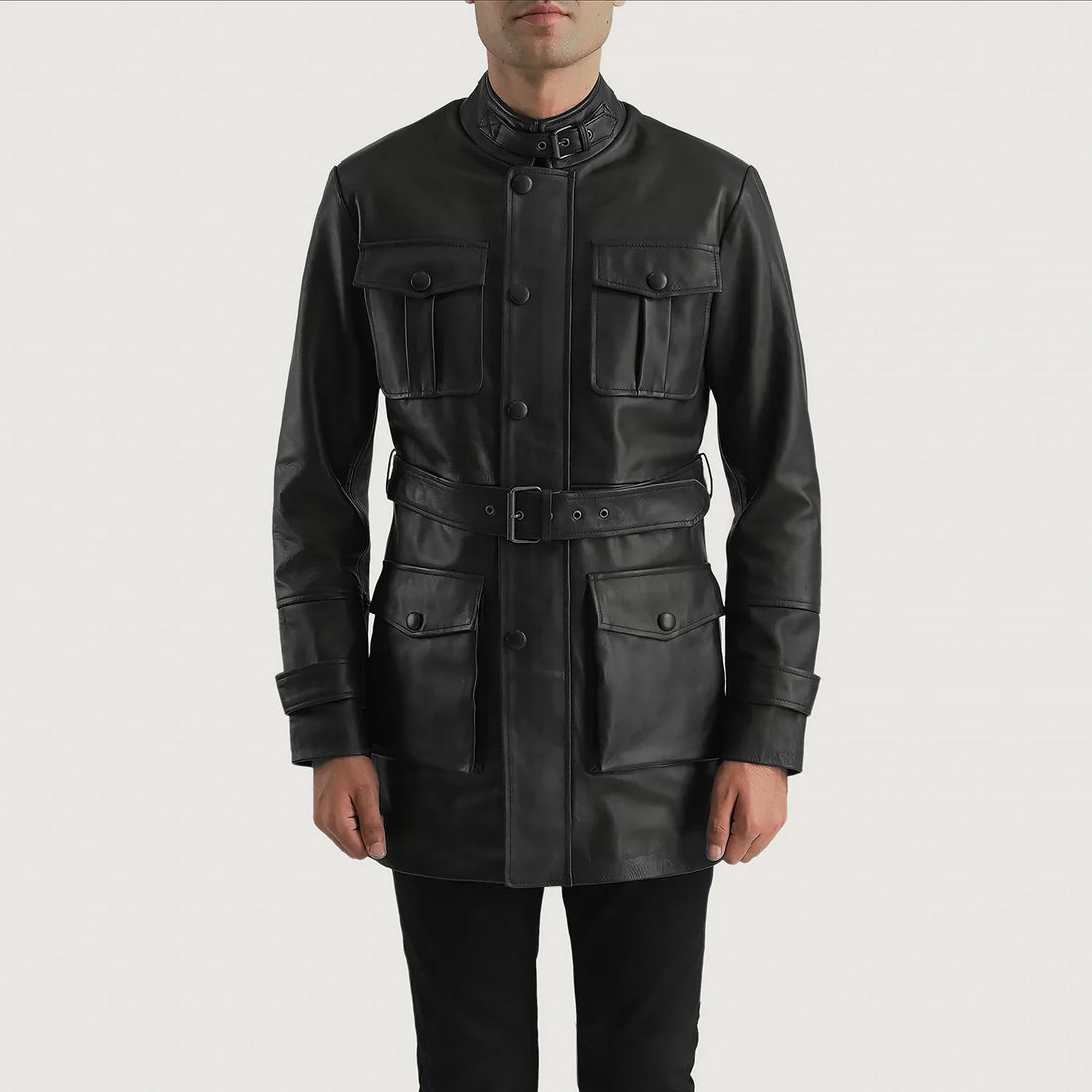 Lush Gear black leather jacket for men with front button closure and multiple pockets