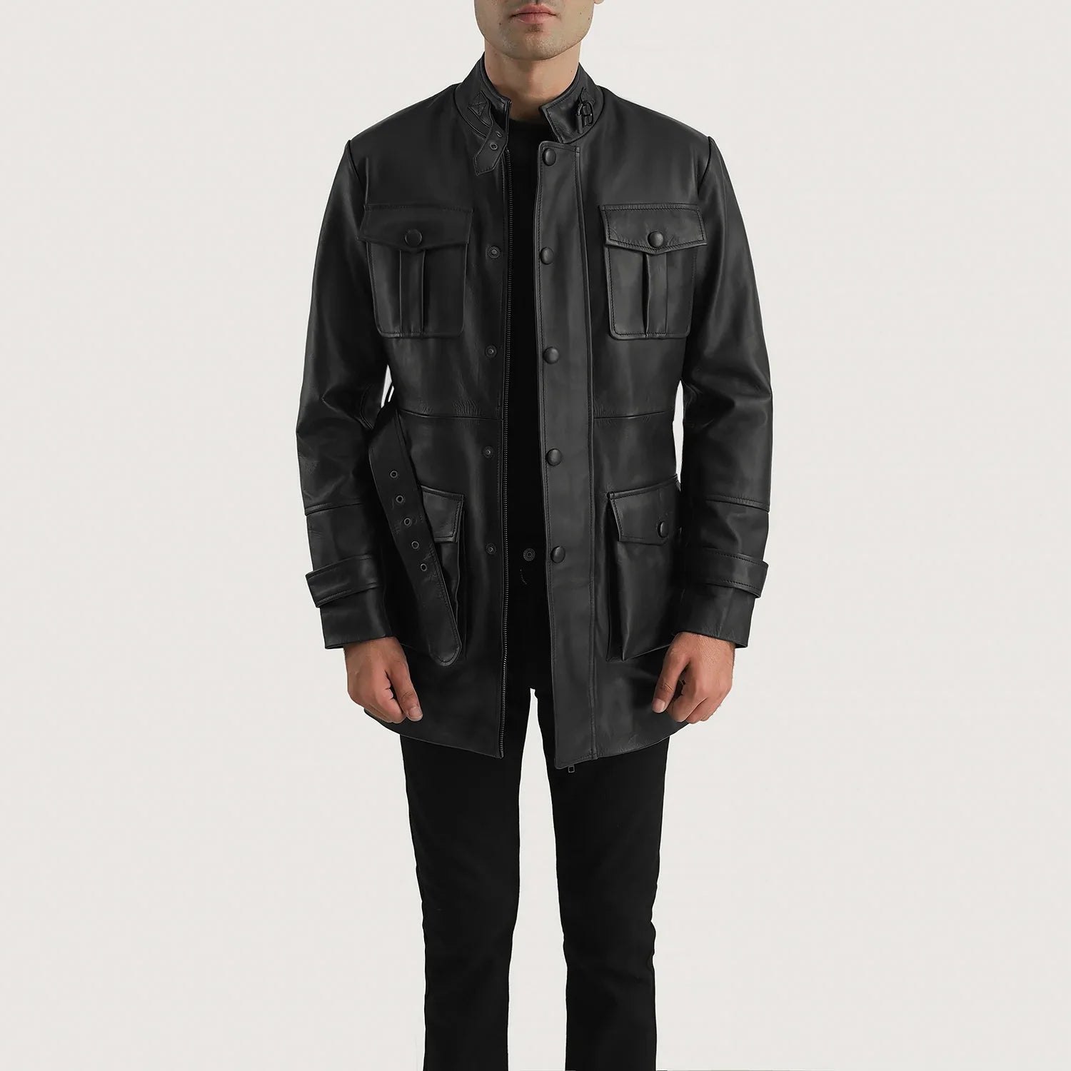 Lush Gear black leather jacket for men with buttoned pockets and stand collar styled on model