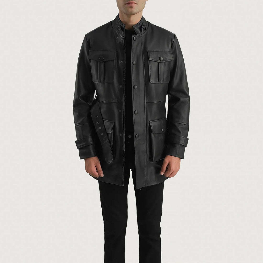Lush Gear black leather jacket for men with buttoned pockets and stand collar styled on model