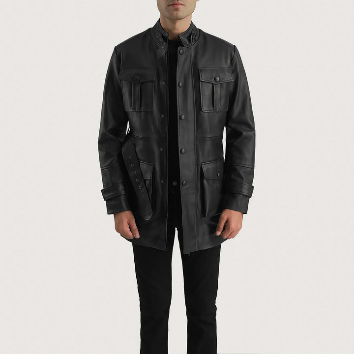 Lush Gear black leather jacket for men with buttoned pockets and stand collar styled on model