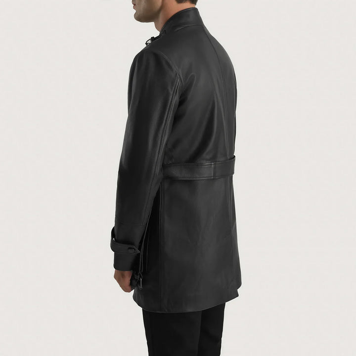 Back view of a man wearing a black leather jacket for men with a belt detail at the waist