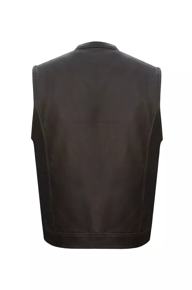 Black Leather Men's Motorcycle Biker Pockets Club Vest back view by Lush Gear