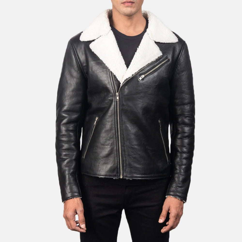 Lush Gear black leather shearling jacket with white shearling collar and zippered pockets