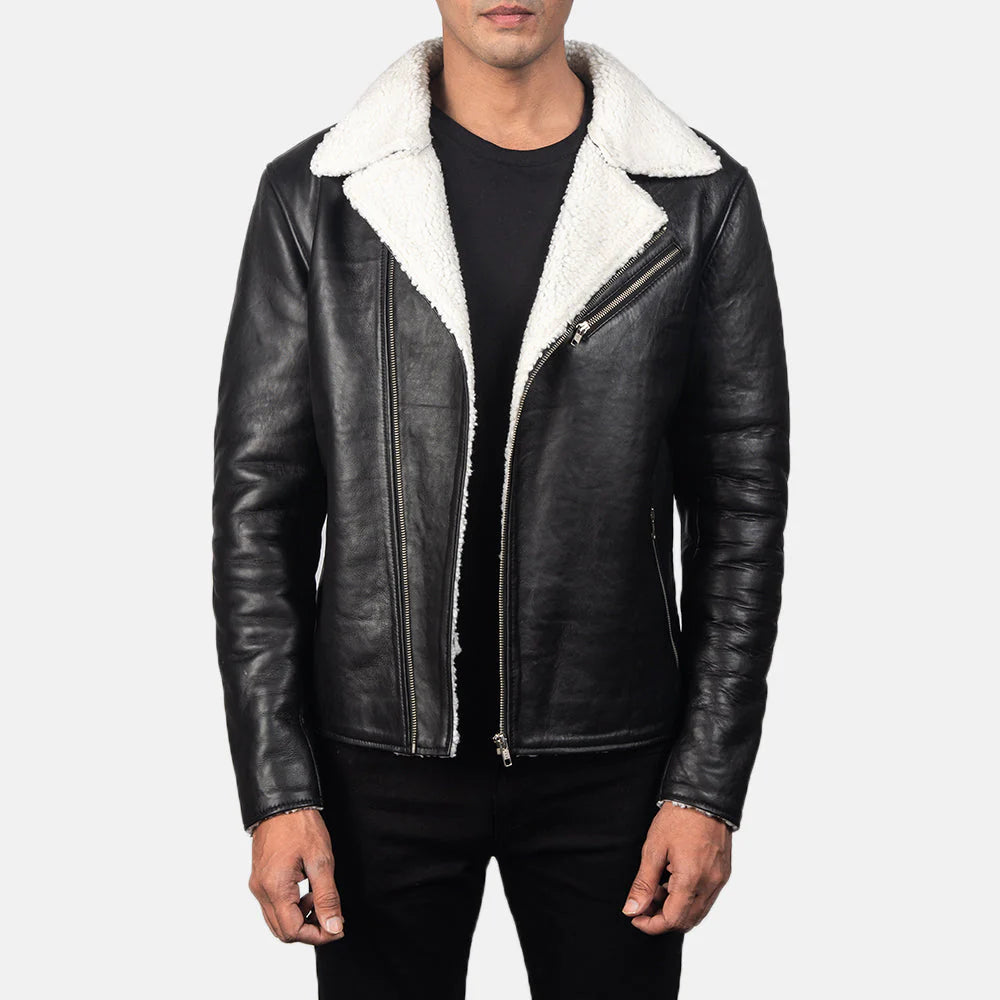 Lush Gear black leather shearling jacket with white shearling collar and front zip closure