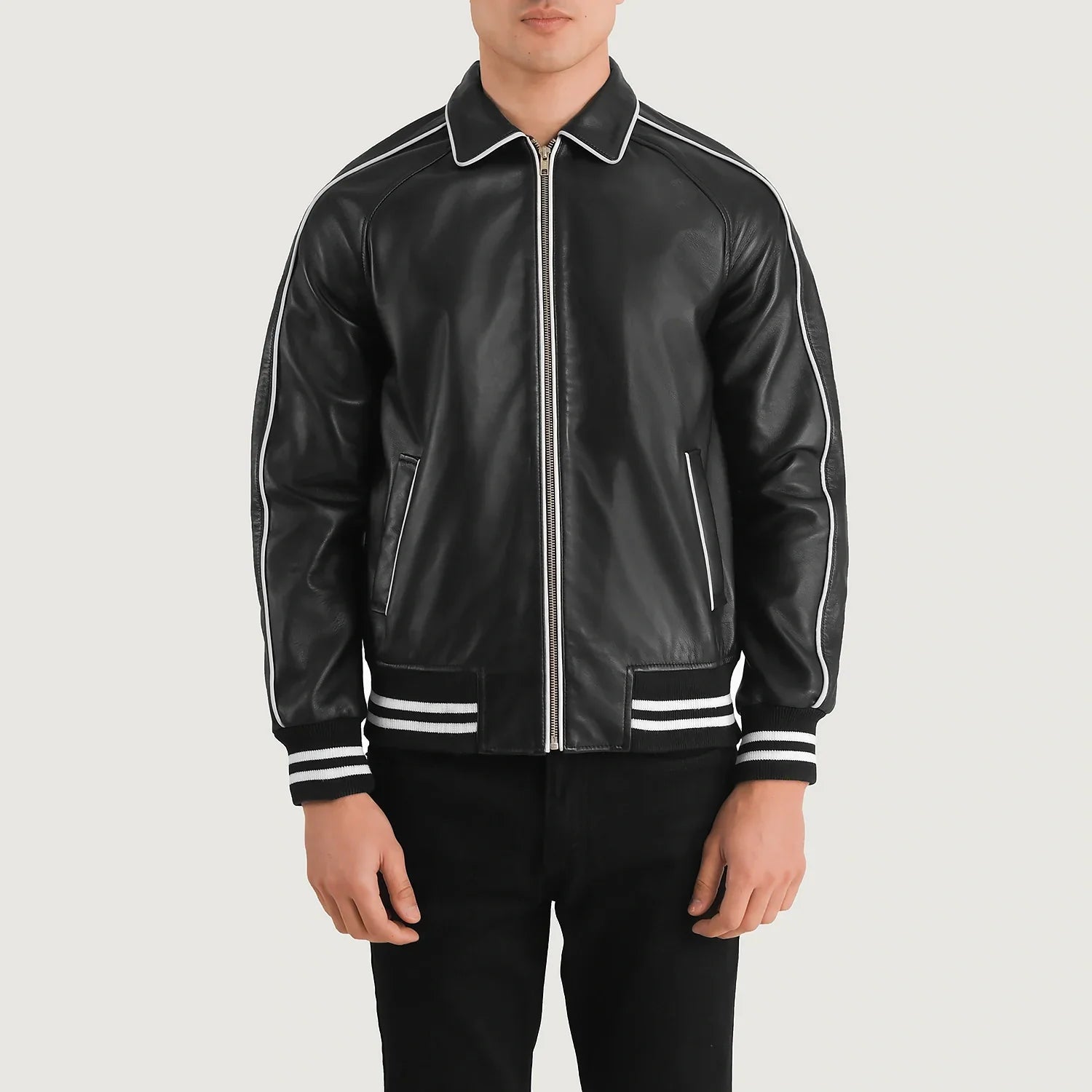 Lush Gear black leather varsity jacket with white piping and striped cuffs and hem