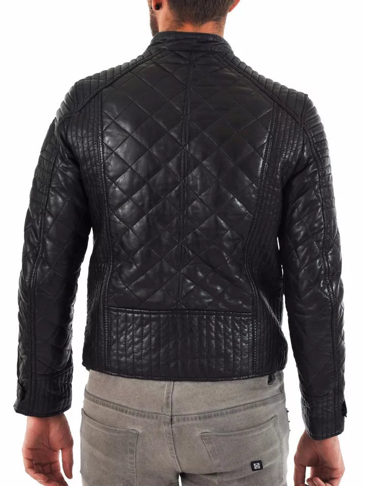Back view of Black Quilted Leather Jacket Men Lambskin Biker Coat by Lush Gear
