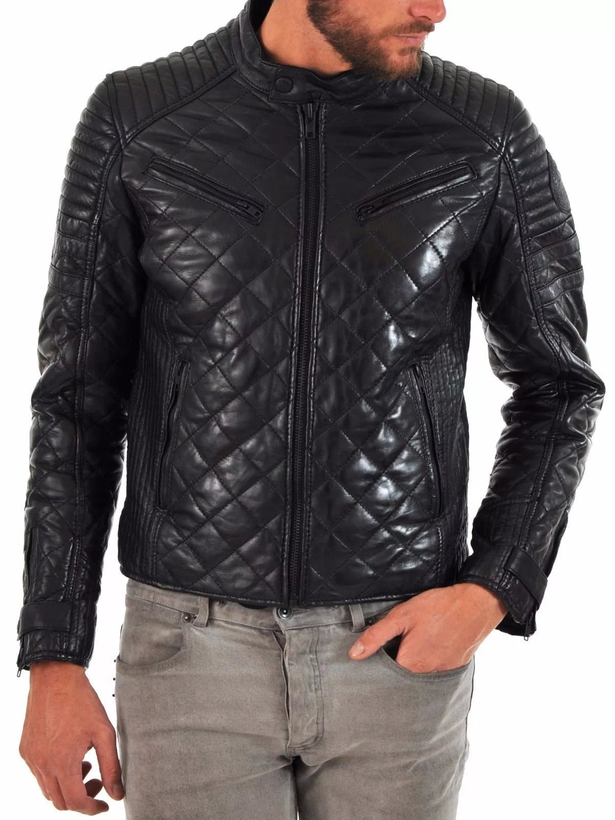 Black Quilted Leather Jacket Men Lambskin Biker Coat worn by man with zippered front and padded shoulders
