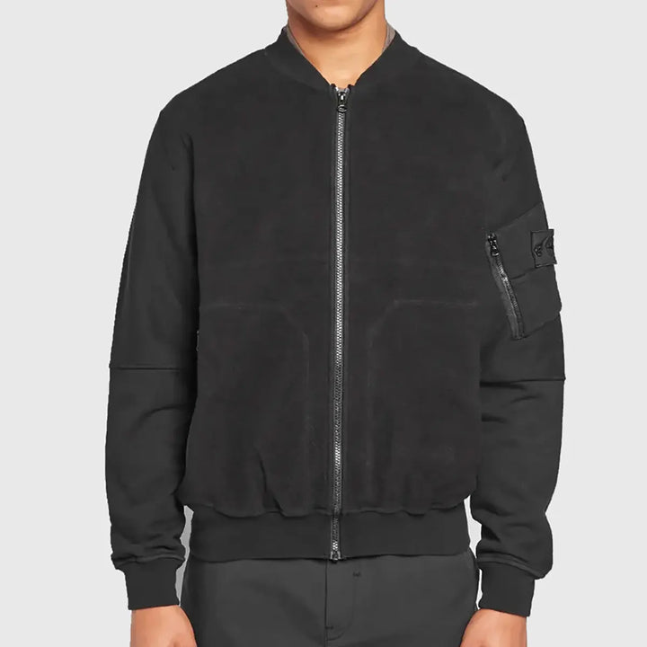Lush Gear black suede bomber jacket with front zipper and pocket detail on sleeve