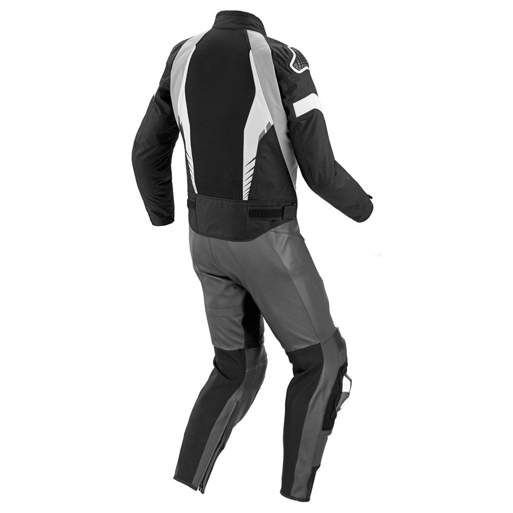 Lush Gear black and gray motorbike leather suit with protective padding and ventilation panels