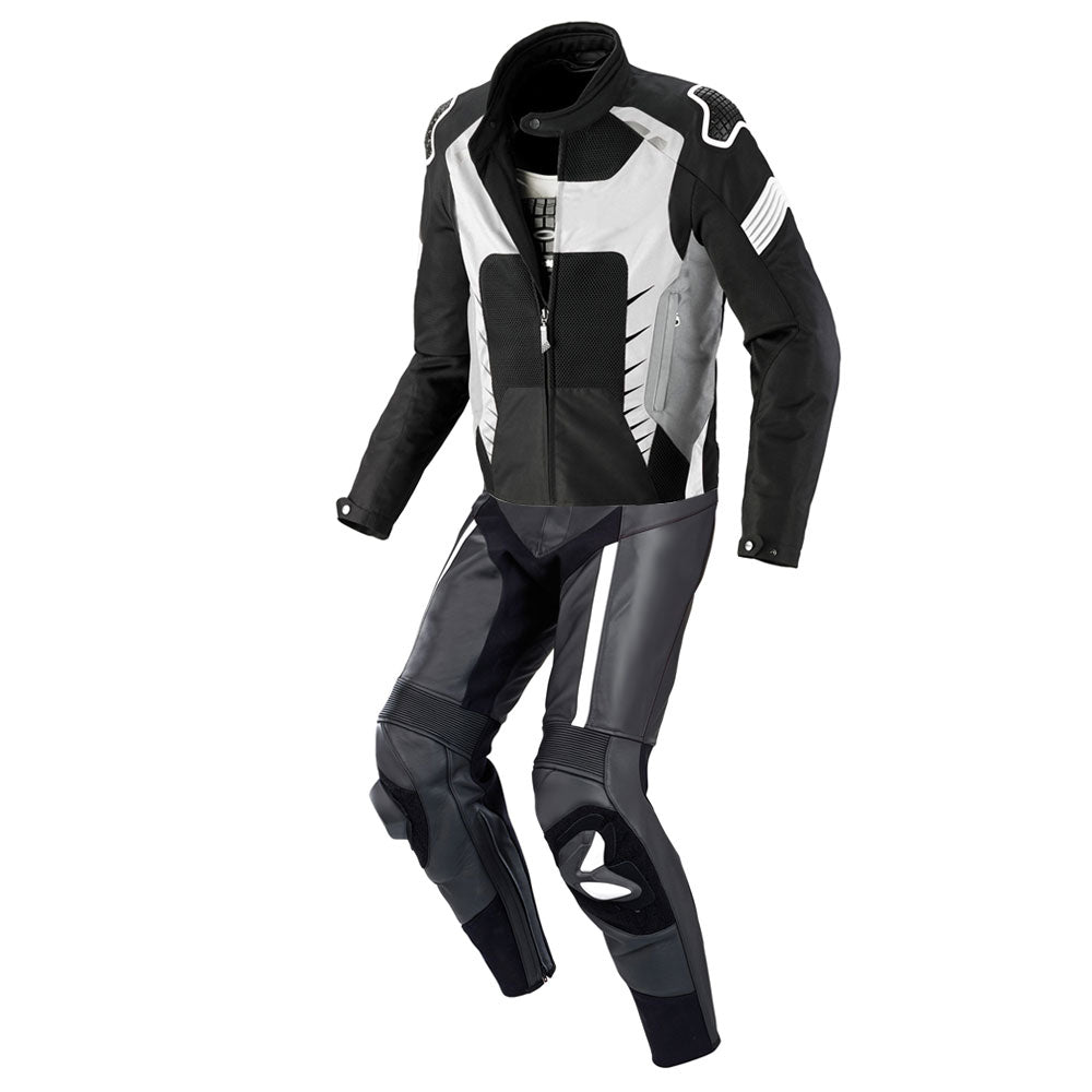 Lush Gear black and gray motorbike leather suit with protective padding and zipper front