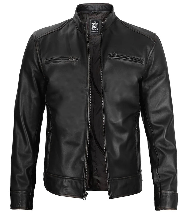 Real Leather Men's Black Cafe Racer Jacket