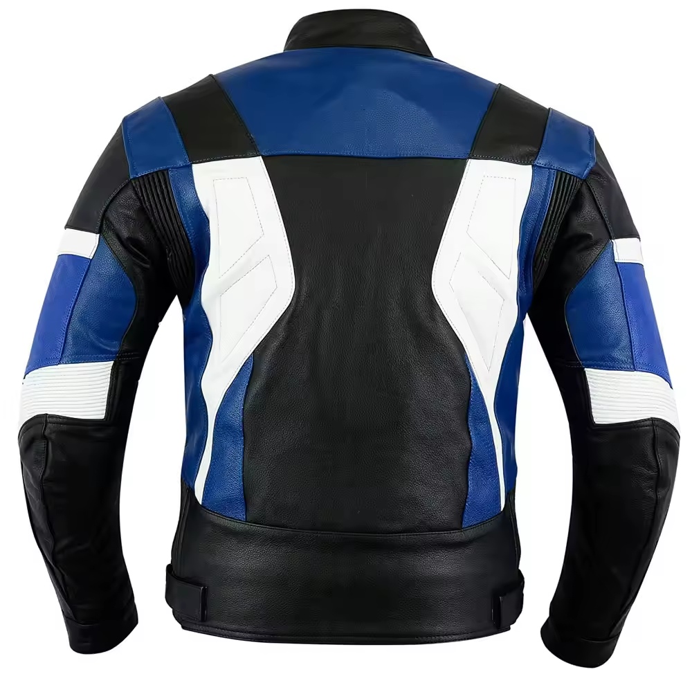 Back view of blue and black biker jacket by Lush Gear with white accents and padded sleeves