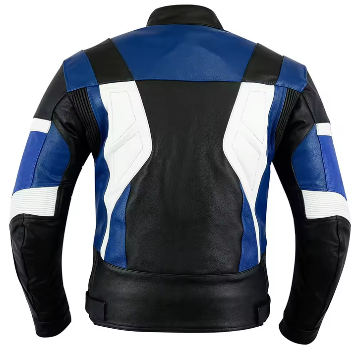 Back view of blue and black biker jacket by Lush Gear with white accents and padded sleeves