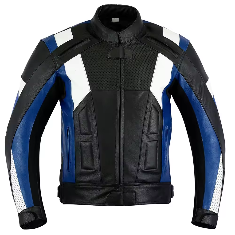 Lush Gear blue and black biker jacket with white accents and padded shoulders