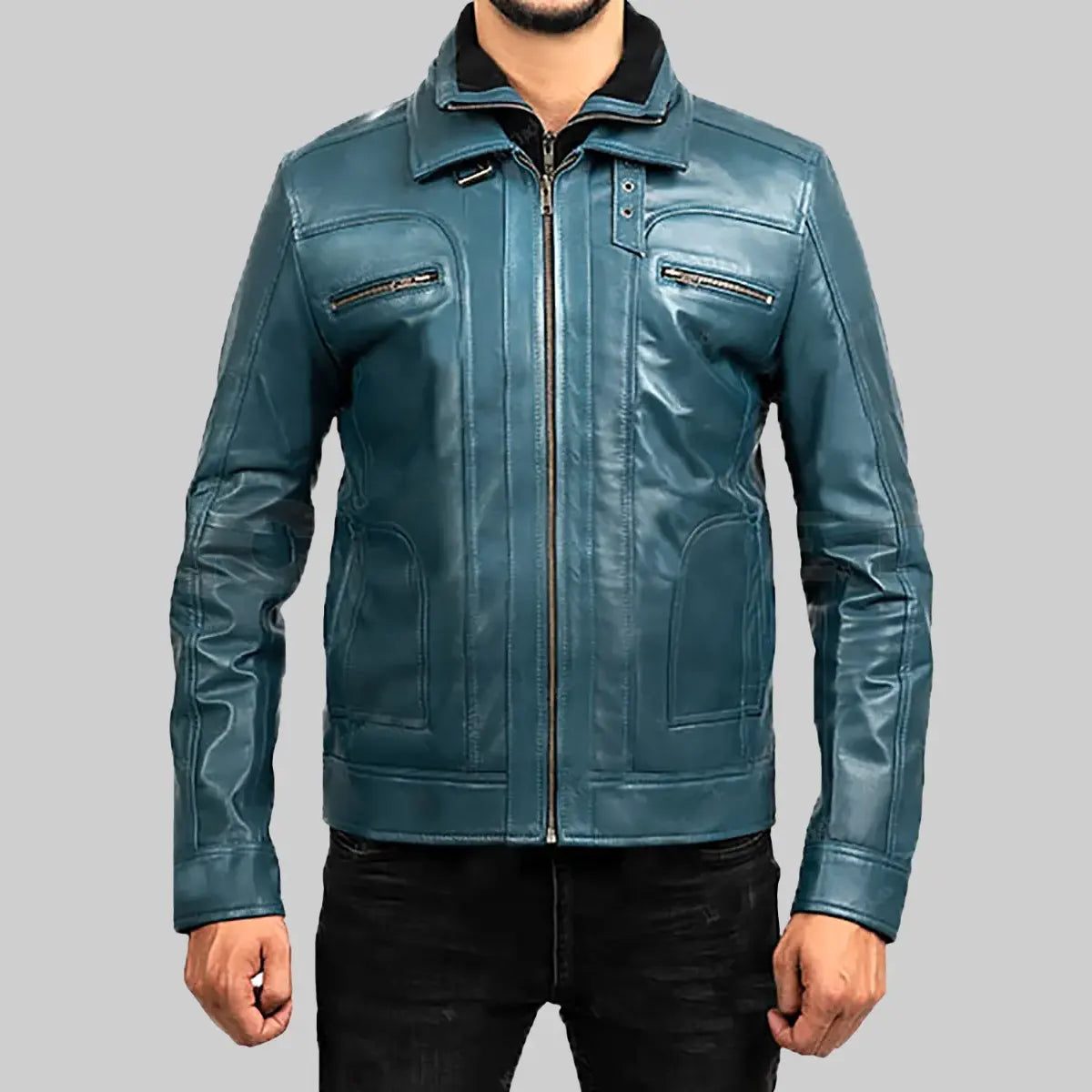 Blue biker jacket mens by Lush Gear featuring zippered pockets and a sleek modern fit