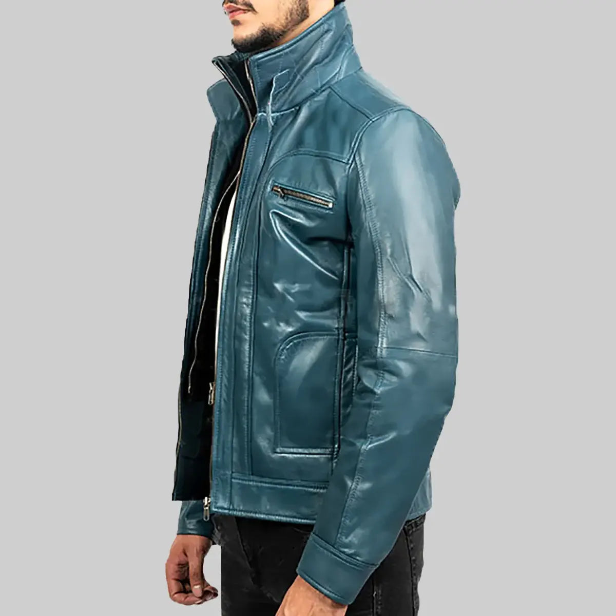 Blue biker jacket mens from Lush Gear with zipper pockets and stand collar