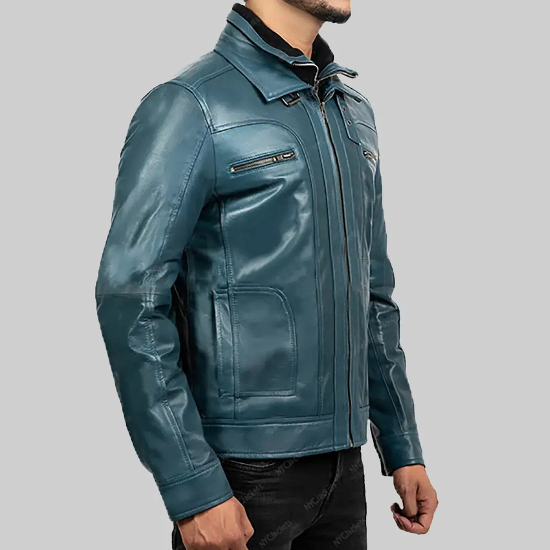 Lush Gear blue biker jacket mens with zippered pockets and stand collar on male model