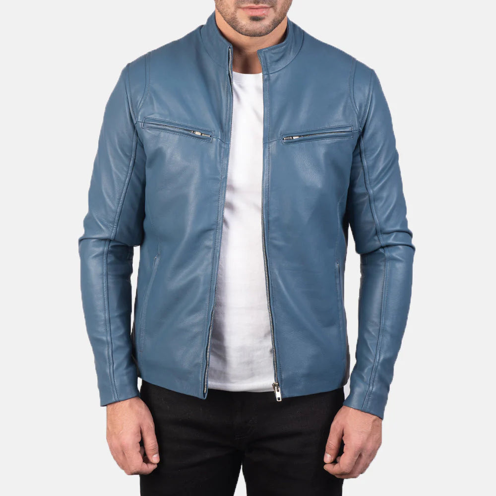 Lush Gear blue leather biker jacket with zippered pockets worn over white shirt